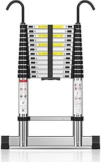 TECKNET Telescopic Ladder 3.8M/12.5FT, Max Load 150kg/330lbs, Aluminium Extension Ladder with Stabilizer Bar & Detachable Hooks, Multi-Purpose Ladder for Home & Outdoor Work Loft Roof Attic RV, EN131