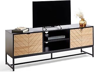 VonHaus Black TV Unit - Chevron TV Stand Cabinet with Light Wood Effect - For TV's up to 65" - Industrial Entertainment Unit w/Storage Cupboards & Shelving - 50kg Capacity - For Living Room - Dalton