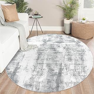 Famibay Rugs Living Room Round 150cm Modern Abstract Grey Washable Circle Rugs Bedroom Round Area Rug Short Pile Anti Slip Carpet for Dining Room Kids Room Hallway