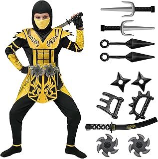 Spooktacular Creations Gold Ninja Costume for Boys, Child Golden Ninja Costume Ninja Themed Parties, Halloween Costume Dress Up