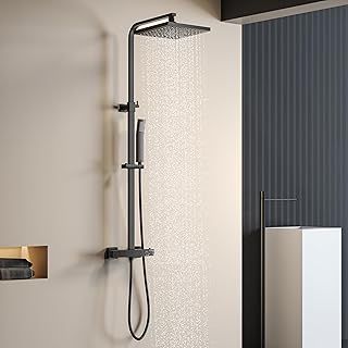 Shower Mixer Set,Thermostatic Shower Mixer,Square Rainfall,Adjustable-Height Shower Set for Bathroom,Thermostatic Shower System,Black