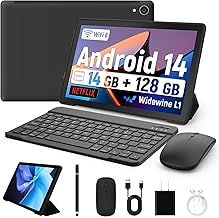 Whitedeer 10 inch Tablet Android 14, 14GB+128GB/2TB Expanded, Octa-Core Tablets, 800 * 1280 HD丨WiFi 6丨BT 5.0丨5000mAh丨5MP+8MP, Widevine L1, Tab with Keyboard丨Mouse丨Stylus丨Tablet Case丨 Headphone(Black)