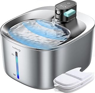 FEELNEEDY Cat Water Fountain Battery Operated, 4L/135fl oz Stainless Steel Pet Water Fountain for Cats Dogs with Motion Sensor, Wireless Ultra Quiet Cat Drinking Fountain with 2 Filters (YPD-C004S)
