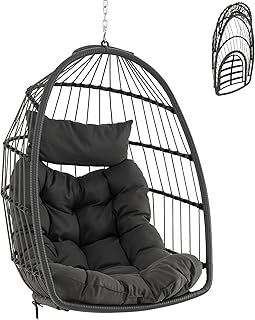 COSTWAY Swing Egg Chair, Foldable Rattan Hanging Chair with Soft Cushion and Head Pillow, Indoor Outdoor Hanging Egg Basket Seat for Garden Patio Yard Living Room