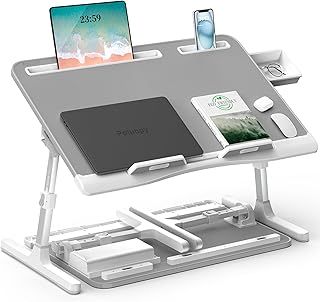 Laptop Bed Desk, Potuopy Leather Adjustable Height Angle Foldable Bed Table, X-Large Laptop Stand for Bed with Eco Wooden Board for Working Reading Eating on Bed Sofa Floor (Grey, 60 * 40cm)