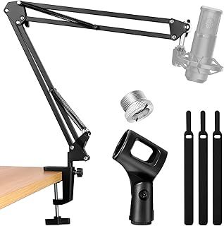 Microphone Stand Boom Arm, Mic Stand Desk Mount, Adjustable Suspension Boom Scissor Arm Stand for Podcasting Gaming Recording, Compatible with HyperX QuadCast, Blue Yeti Snowball & Other Mics