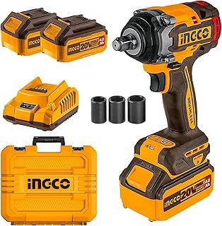 Ingco Brushless Impact Wrench 500Nm Nut-Busting Torque 650Nm, 20V Cordless 1/2Inch Battery Impact Gun, 2200RPM with 2Pcs 4.0Ah Battery and 1Pcs Fast Charger CIWLI2050