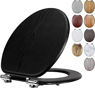 Fanmitrk Black Wooden Toilet Seat with Soft Close Adjustable Solid Hinges, MDF Wood Oval Toilet Seat (MDFP0143)