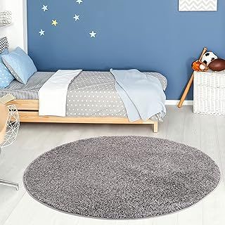 THE RUGS Living Room Rug - Shaggy Soft And Elegant Carpets For The Bedrooms And Kitchen, Easy To Clean, Many Different Sizes (120 cm Round, Grey)