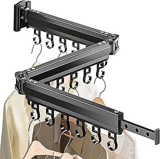 BQKOZFIN Clothes Drying Rack Wall Mounted, Retractable Clothes Airer with Hooks, 360° Rotating Collapsible (Tri-Fold) Laundry Drying Rack for Balcony, Laundry, Bathroom, 3 Rods (Black)