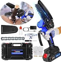 Mini Chainsaw Cordless 4 Inch with Large LI-ion Battery, Powerful Electric Chainsaw with 2 Chains and Security Lock,Handheld Small Chain Saw for Wood Cutting Tree Trimming Gardening,Blue