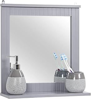 Taylor & Brown Wood Framed Wall-Mounted Mirror, Bathroom Mirror with Shelf, Hanging Vanity Mirror, for the Living Room and Bathroom (Grey)