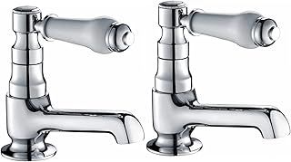 Bath Pillar Taps Pair Mixers Victorian Traditional Twin Bathroom Bathtub Taps White Ceramic Lever Chrome 2 Holes Mono Hot and Cold Water G1/2’’