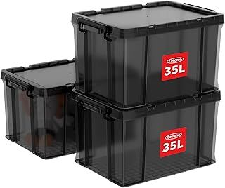 Cetomo 35L*3 Storage Boxes, Stackable Storage Box with Lids, Heavy-Duty Lidded Container with Reinforced Corners, Vertical Sides and Clip Closure, Durable, Plastic, Clear Black, 35L-3Pack