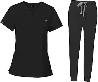 LOVIVER Nursing Uniforms Scrub Set Workwear Nurse Top Pants Work Clothing Women V Neck Scrub Top Nursing Work suits for Cosmetology SPA Pet Groomer