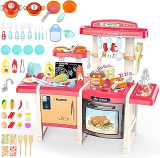 deAO Kids Kitchen Play Set, Kitchen Toys for Toddlers with Realistic Lights & Sounds, Play Kitchen Pretend Food Playset with Lots of Toy Kitchen Accessories for 3+ Years Old Kids
