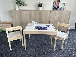 Personalised Kids Wooden Table and Chairs Set – Custom Engraved Names, 1-4 Chairs, Premium Pine, Sturdy & Ideal for Childrens Playrooms and Nurseries (2 Chairs, Back Engraving)