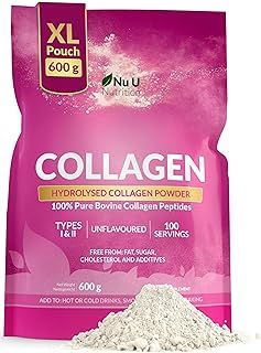 Collagen Powder 600g XL Pouch - 100 Servings - 3+ Month Supply - High Grade Premium Pure Bovine 100% - Collagen Peptides Hydrolysate with 8 Essential Amino Acids - Unflavoured - Nu U Nutrition