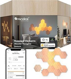 Nanoleaf Elements Hexagon Starter Kit, 13 Wood Look LED Smart Light Panels - Dimmable & Modular Wi-Fi Wall Mood Lights, Works with Alexa Google Assistant Apple Homekit, for House Room Decor or Desk