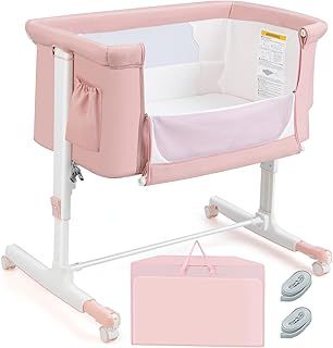 3 In 1 Bedside Crib, Co-Sleeping Baby Cot with Safe Strap, Soft Mattress, Universal Wheels and Carry Bag, Portable Moving Bassinet for 0-5 Months (Pink)
