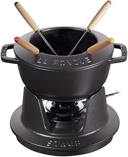 Staub Fondue Set with 4 Forks, Suitable for Cheese, Chocolate and Meat Fondue, Cast Iron, Black, 16 cm