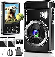 Digital Camera, 4K 64MP Compact Camera with 16X Digital Zoom & Auto-focus, Rechargeable Vlogging Camera with 2 Batteries & 32GB SD Card, Portable Vintage Camera for Teens Students Kids Boys Girls