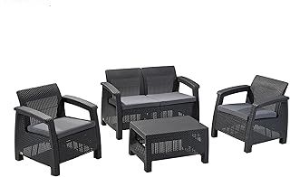 Keter GF06784 Corfu Outdoor 4 Seater Rattan Sofa Furniture Set with Accent Table - Graphite with Cream/Mushroom Cushions