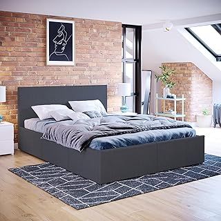 Vida Designs Veronica Double Ottoman Bed, 4ft6 Bed Frame Storage Lift Upholstered Fabric Headboard Bedroom Furniture, Dark Grey Linen
