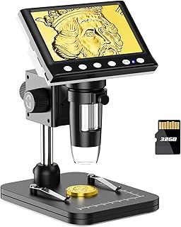 Microscope,4.3" Coin Microscope, IPS Digital Microscope for Adults, Coin Magnifier with 8 LED Lights, Windows Compatible, Include 32GB Memory Card
