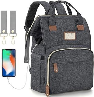 Diaper Bag Backpack with USB Port,Baby Nappy Changing Backpack Bag with Stroller Straps, Multi-Function Waterproof Stylish Tote Bag (Black Grey)