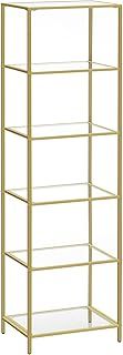 VASAGLE 6 Tier Glass Shelf Bookcase Storage Cabinet Thin Steel Frame for Bathroom Living Room Office Bedroom Gold LGT500A01