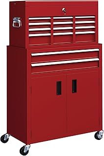 HOMCOM Tool Chest, Metal Tool Cabinet on Wheels with 6 Drawers, Pegboard, Top Chest and Roller Cabinet Combo, 61.6 x 33 x 108cm, Red