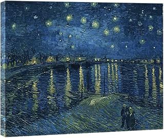 Wieco Art - Starry Night Over the Rhone by Van Gogh Famous Oil Paintings Reproduction Modern Framed Giclee Canvas Print Artwork Seascape Pictures on Canvas Wall Art for Home Office Decorations