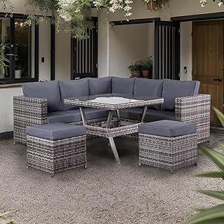 Rattan park Halo Range 9 seater Garden Furniture Square Corner Sofa Set with Rising Table and 3 Stools in Grey