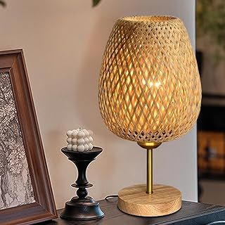 Bedside Table Lamp with Double Layer Bamboo Lampshade Wooden Base Bedroom Lamp Handmade Decorative Night Light with E27 Bulb for Bedroom Home Weddings Parties Patio
