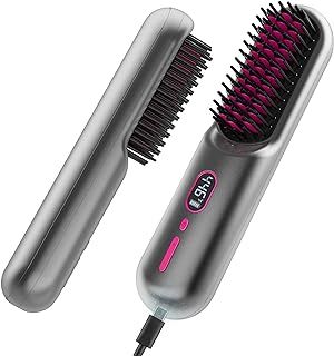 Cordless Hair Straightener Brush, iTayga Upgraded Portable Hair Straightener Brush for Women with Travel Size, 2 in 1 Negative Ion Hair Straightener Comb, 10000MAH(Nearly) USB Rechargeable, Gray
