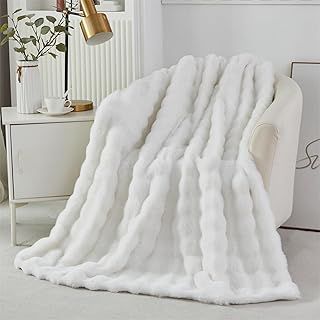 Thick Rabbit Plush Throw Blanket Super Soft Cozy Fuzzy Blanket Faux Fur Blanket Double Layer Fabric Fluffy Blankets Warm Bed Throws for Couch Bed Sofa, White, 100x160cm