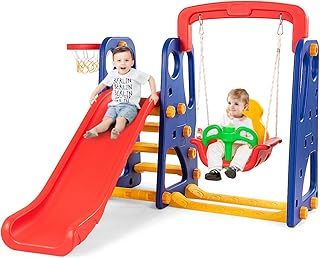 Maxmass Toddler Slide and Swing Set, Children Playground Playset with Basketball Hoop, Long Slide and Climb Ladder, Indoor Outdoor Kids Play Area for Boys Girls (Red+Dark Blue, 167x150x126cm)