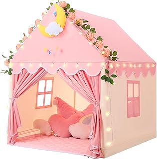Wilwolfer Kid Tent with Lights - Kids Play Tents for Toddlers Kids Tents Indoor Playhouse - Princess Tent for Girls Toy House Gift - Pink & Yellow, 47x41x51