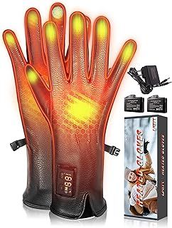 Heated Gloves for Women Men, LATIT Rechargeable Battery Winter Heated Gloves, Rain/Snow-Resistant Hand Warmers Touch Screen Leather Electric Heated Gloves for Running Cycling Driving Camping Hiking