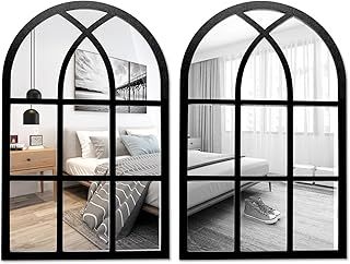 2PCS Arched Window Mirrors for Walls Decor Vintage Rustic Wall Mirror Wall Mounted Window Shape Mirror Frame Entry Mirrors for Living Room Bathroom Bedroom Outdoor Garden 27x42cm(Black)