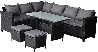 Panana 8-Seater Rattan Corner Sofa Set with Table & Stool, Outdoor Wicker Patio Lounge Furniture Set for Garden, Patio, Balcony, and Conservatory (Black Wicker with Grey Cushions)