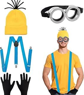 4 Pcs Adults Cosplay Costume Accessories with Yellow Beanie Knit Hat Black Gloves Grey Steampunk Goggles Glasses Blue Shoulder Strap for Halloween Cosplay Party World Book Day Dress up Outfits