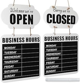 Business Hours Hanging Chalkboard Open Closed Sign Wooden Welcome Chalk Boards Double Sided Restaurant Door Sign with Erasable Blackboard Pen for Florist Cafe Store Restaurant (White)