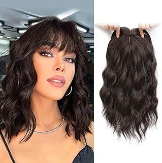 Flyroseing Hair Toppers with Fringe, 6.5x6.5" Large Base Topper for Thinning Hair Women, 14 Inch Chocolate Brown Wavy Synthetic Wiglets Hairpieces for Women