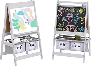AIYAPLAY Kids Easel with Paper Roll, 3 in 1 Art Easel for Children, with Blackboard, Whiteboard, Storage Baskets, Grey