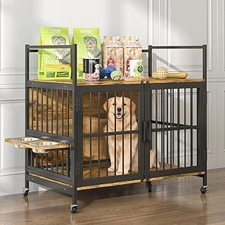 Dog Crate Furniture with Storage Shelf, 99x58x96.5cm Indoor Large Dog Cage with 2 Rotatable Bowls and Wheels, Heavy Duty Dog House, Wooden Dog Kennel for Medium Large Dogs, Brown