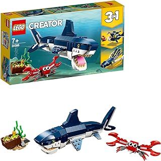 LEGO Creator 3in1 Deep Sea Creatures: Shark, Crab, Squid or Angler Fish Sea Animal Toys, Figures Set, Gifts for 7 Plus Year Old Girls and Boys 31088