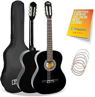 3rd Avenue 3/4 Size Kids Classical Guitar Spanish Nylon String Beginner Pack Bundle - 6 Months FREE Lessons, Bag, Strings – Black