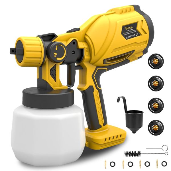 Voltith Cordless Paint Sprayer 800W HVLP,Fit for DeWalt18-21V,4 Copper Nozzles,1200ml Large Capacity Tank,3 Spray Patterns-Handheld Sprayer Paint for Fence,Wall,Furniture&DIY Project &more(No Battery)